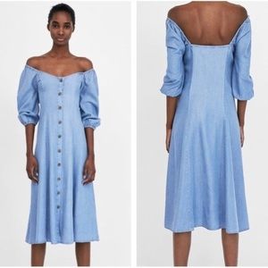 Zara Puff-Sleeve Denim Buttoned Dress *NWT*